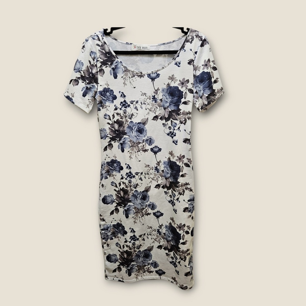 Tam Ware Women's Floral Print Bodycon Dress White‎ Blue Size L